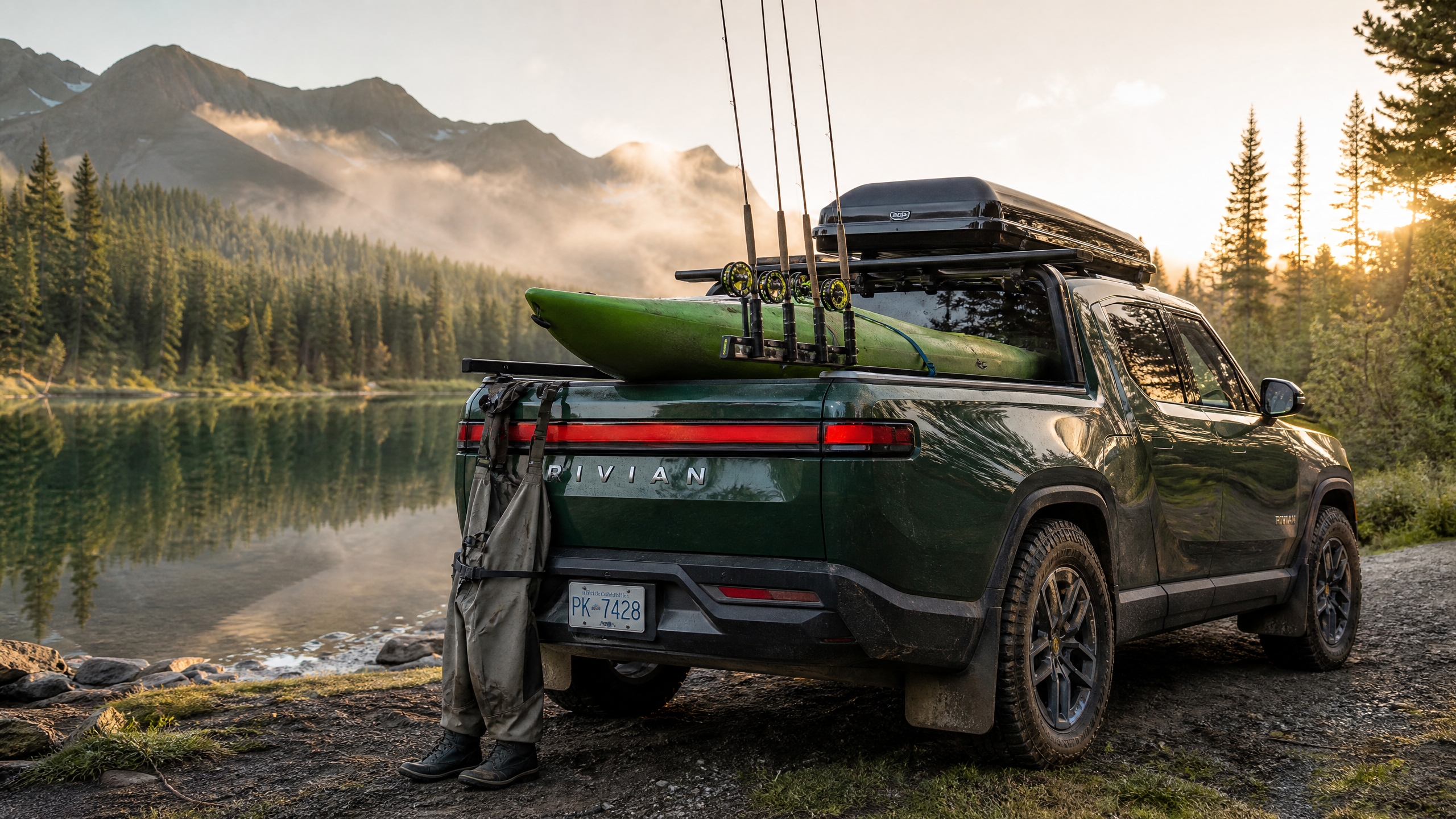 Rivian R1T Fishing Build - Forest Green at Mountain Lake